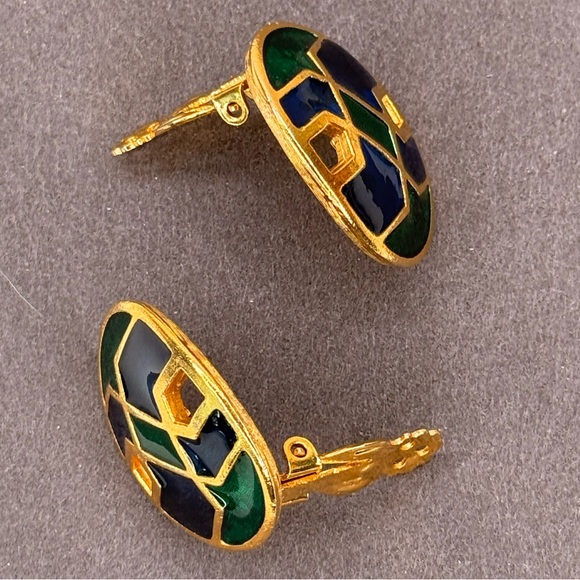 VTG Florenza Geometric Enamel Clip-On Earrings Oval Blue Green Gold 70s Jewelry - Picture 3 of 7